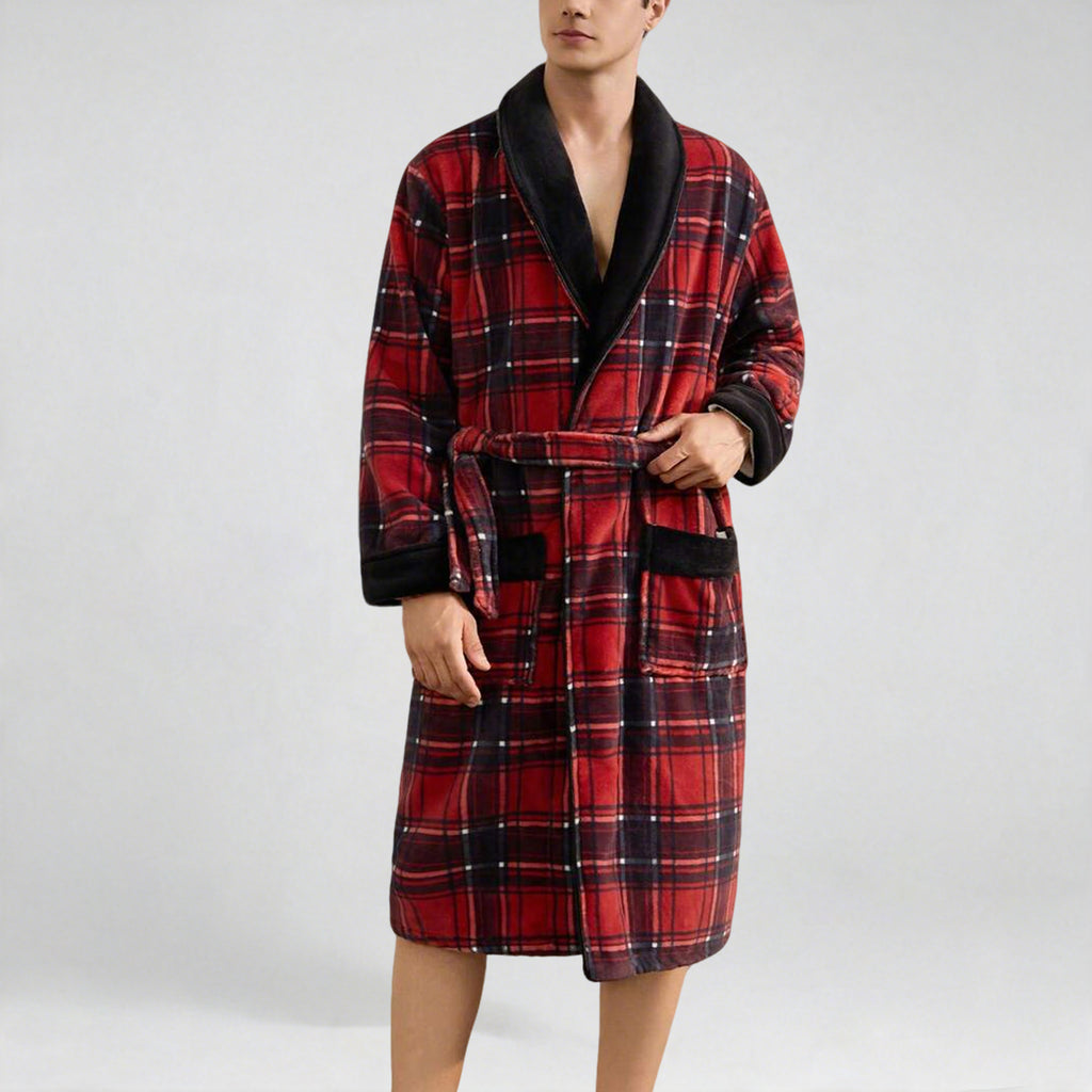 Men's casual black and red plaid flannel bathrobe with shawl collar and belt, soft and cozy for autumn and winter.