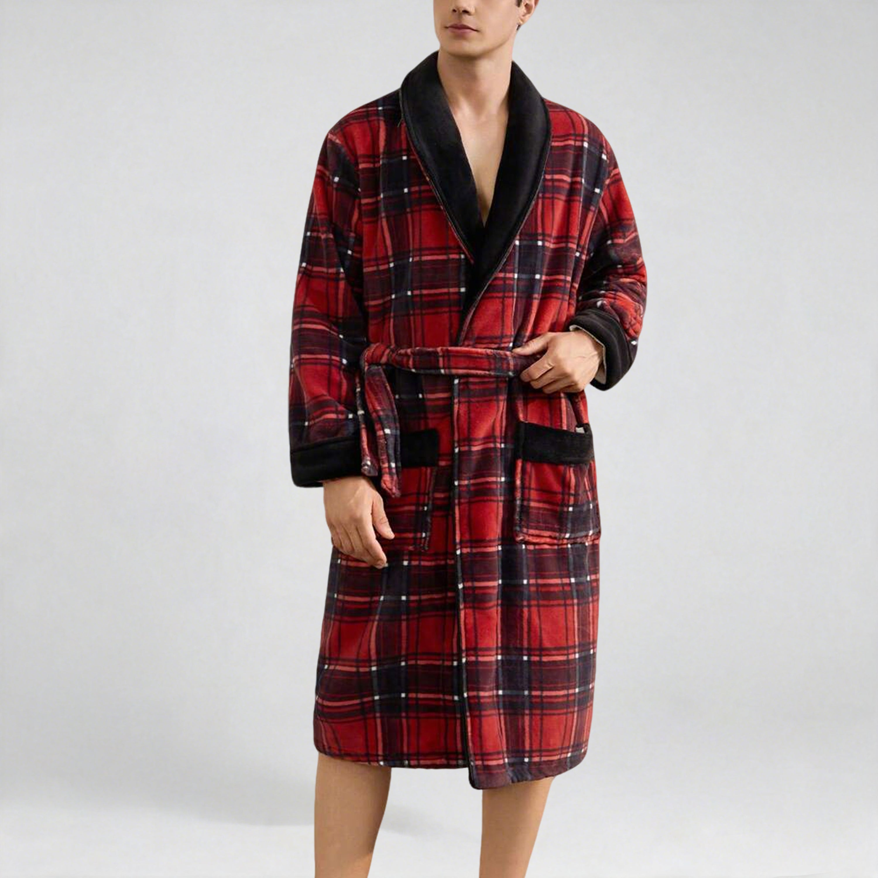 Men's casual black and red plaid flannel bathrobe with shawl collar and belt, soft and cozy for autumn and winter.