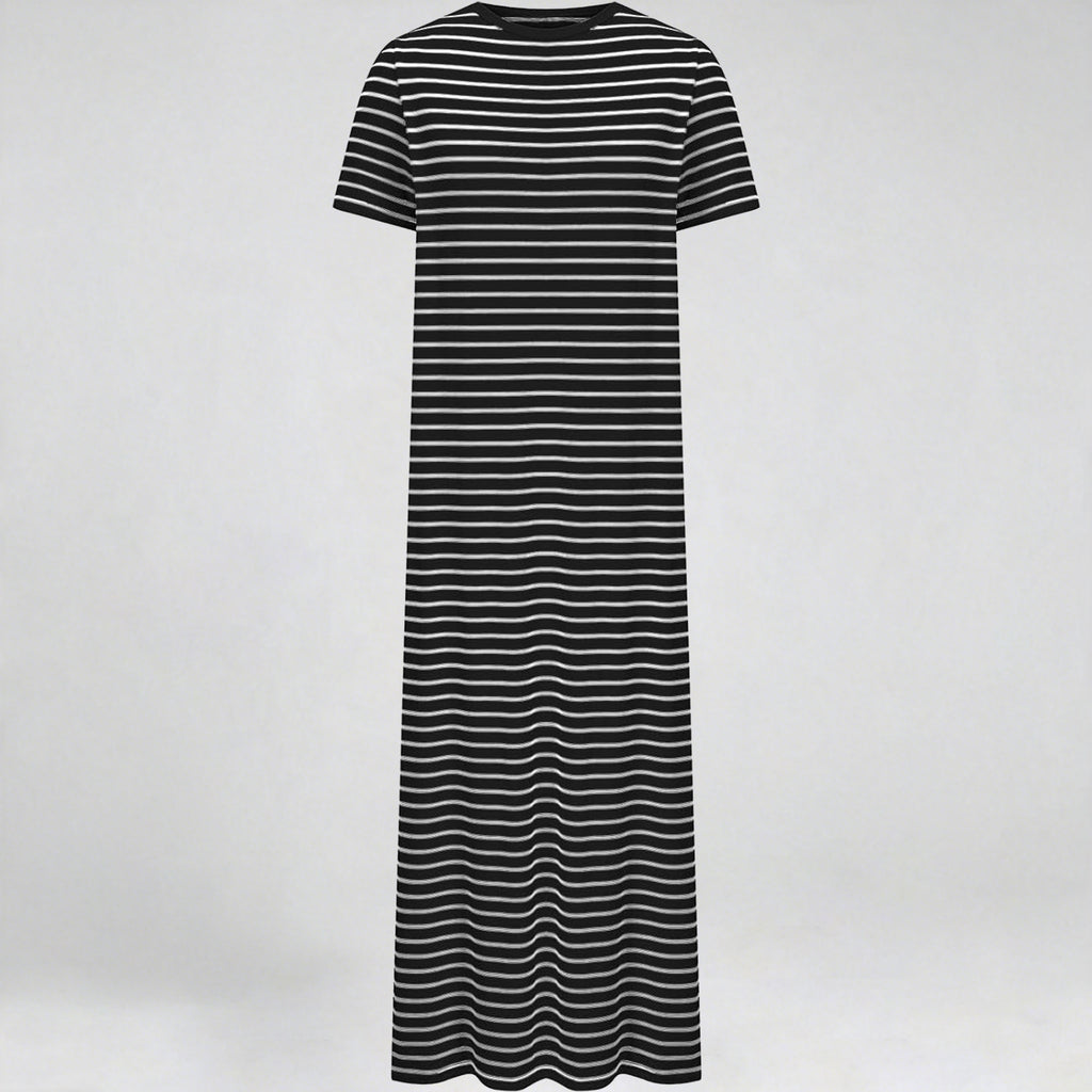 Womens Casual Stripe Midi Dress Summer Short Sleeve Round Neck Slit Hem Slim-Fit Tshirt Dresses