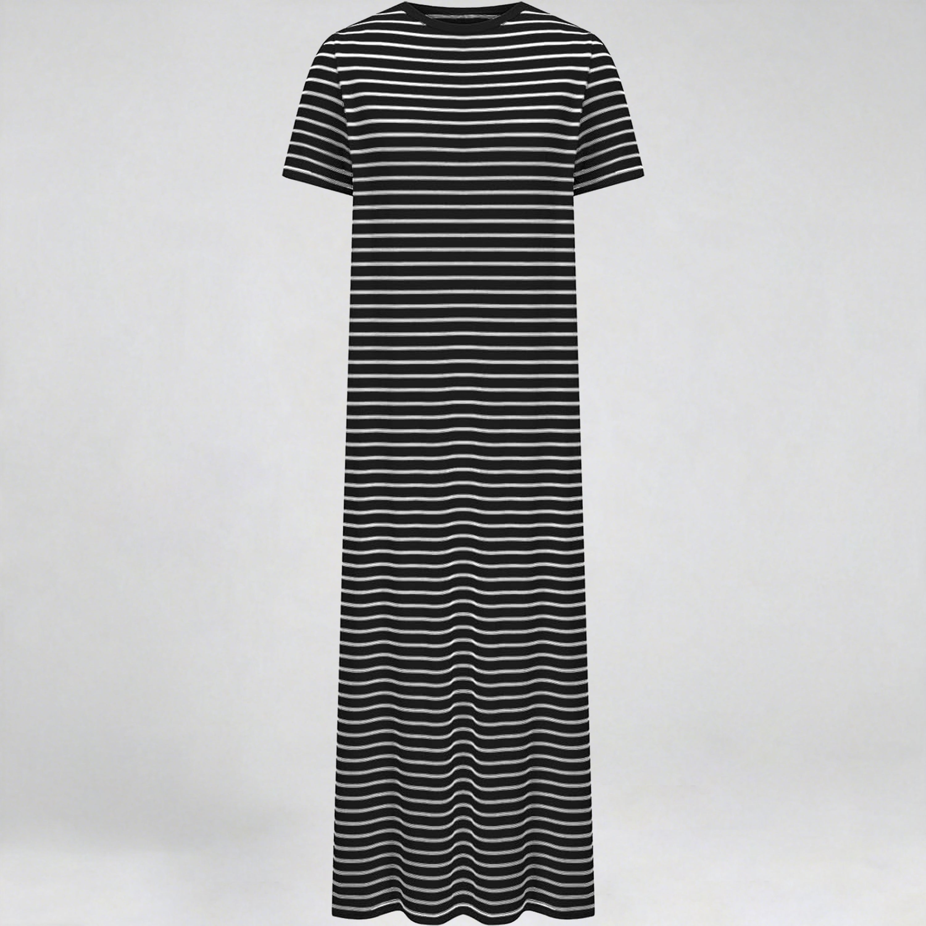 Womens Casual Stripe Midi Dress Summer Short Sleeve Round Neck Slit Hem Slim-Fit Tshirt Dresses