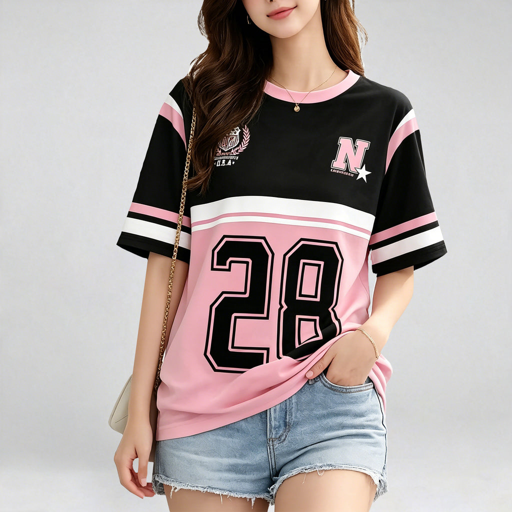 Women's Casual Streetwear Drop-Shoulder T-Shirt with Drop-Shoulder Sleeves, Featuring "28" Numeric and Letter Print, Y College Style, the Perfect Gift for Friends and Family