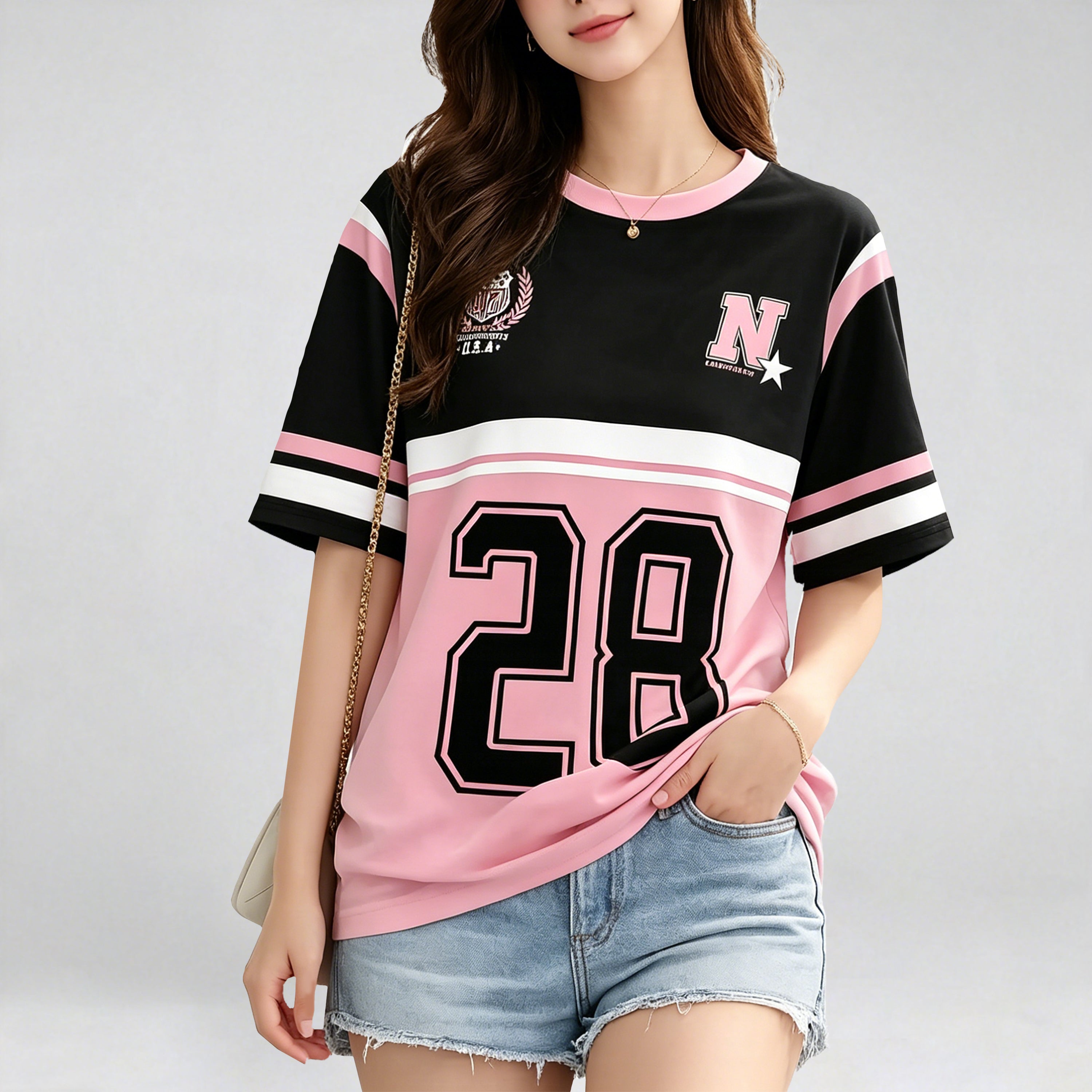 Women's Casual Streetwear Drop-Shoulder T-Shirt with Drop-Shoulder Sleeves, Featuring "28" Numeric and Letter Print, Y College Style, the Perfect Gift for Friends and Family