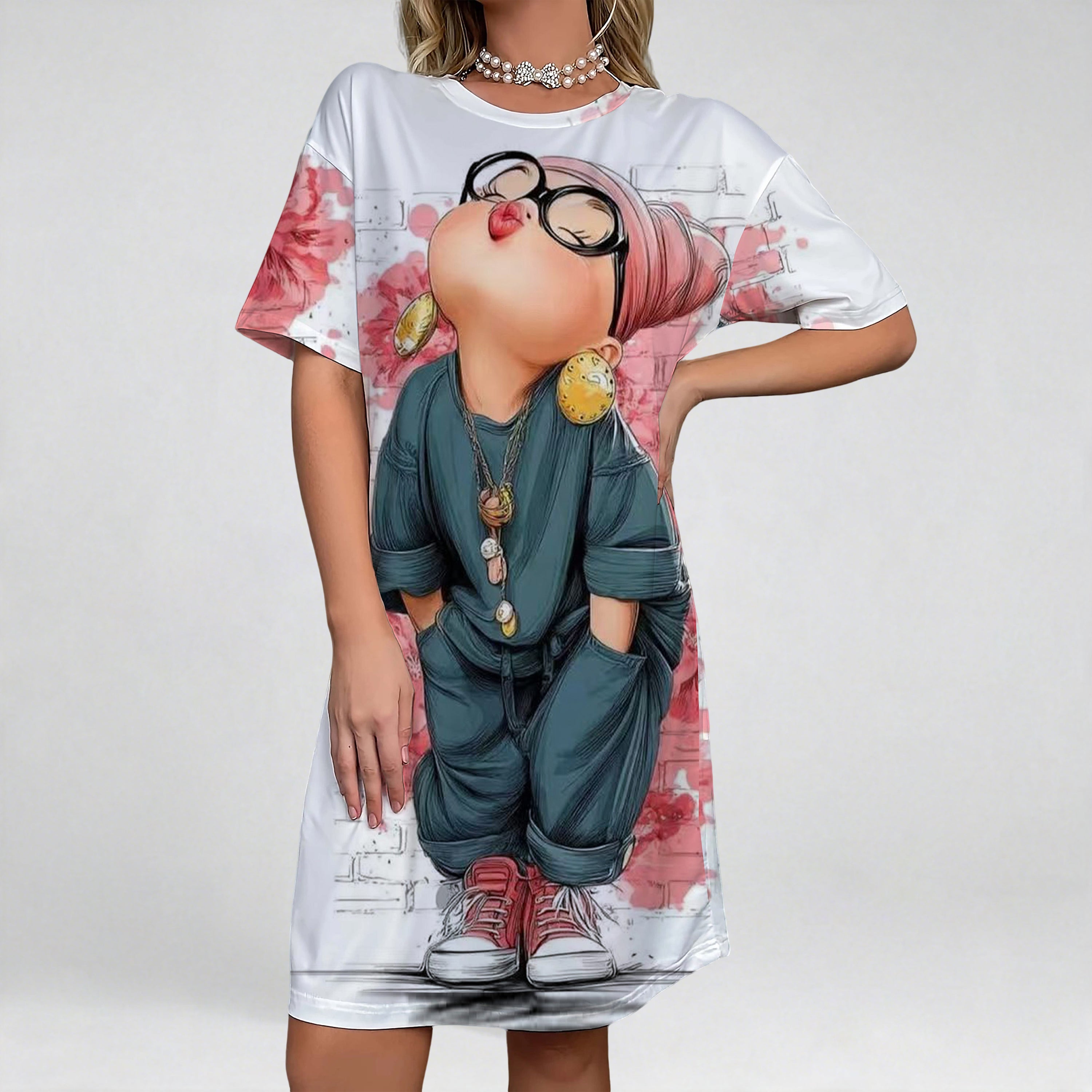 cute cartoon printed crew neck short sleeve night dress