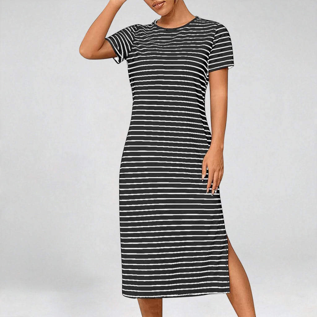 Womens Casual Stripe Midi Dress Summer Short Sleeve Round Neck Slit Hem Slim-Fit Tshirt Dresses