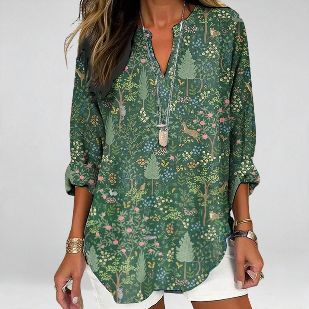 Women's Casual Forest Animal Plant Flower Cotton And Linen Shirt