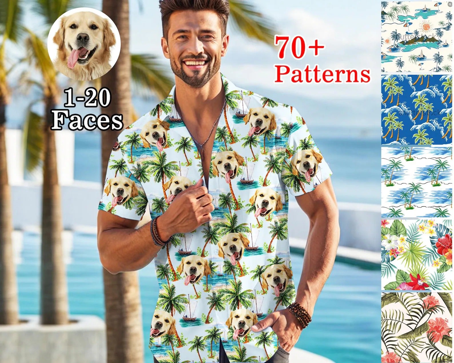 Custom Dog Face Hawaiian Shirt: Personalized Pet Photo ButtonDown,Men's Tropical Shirt,Bachelor Party,Gift for DogDad
