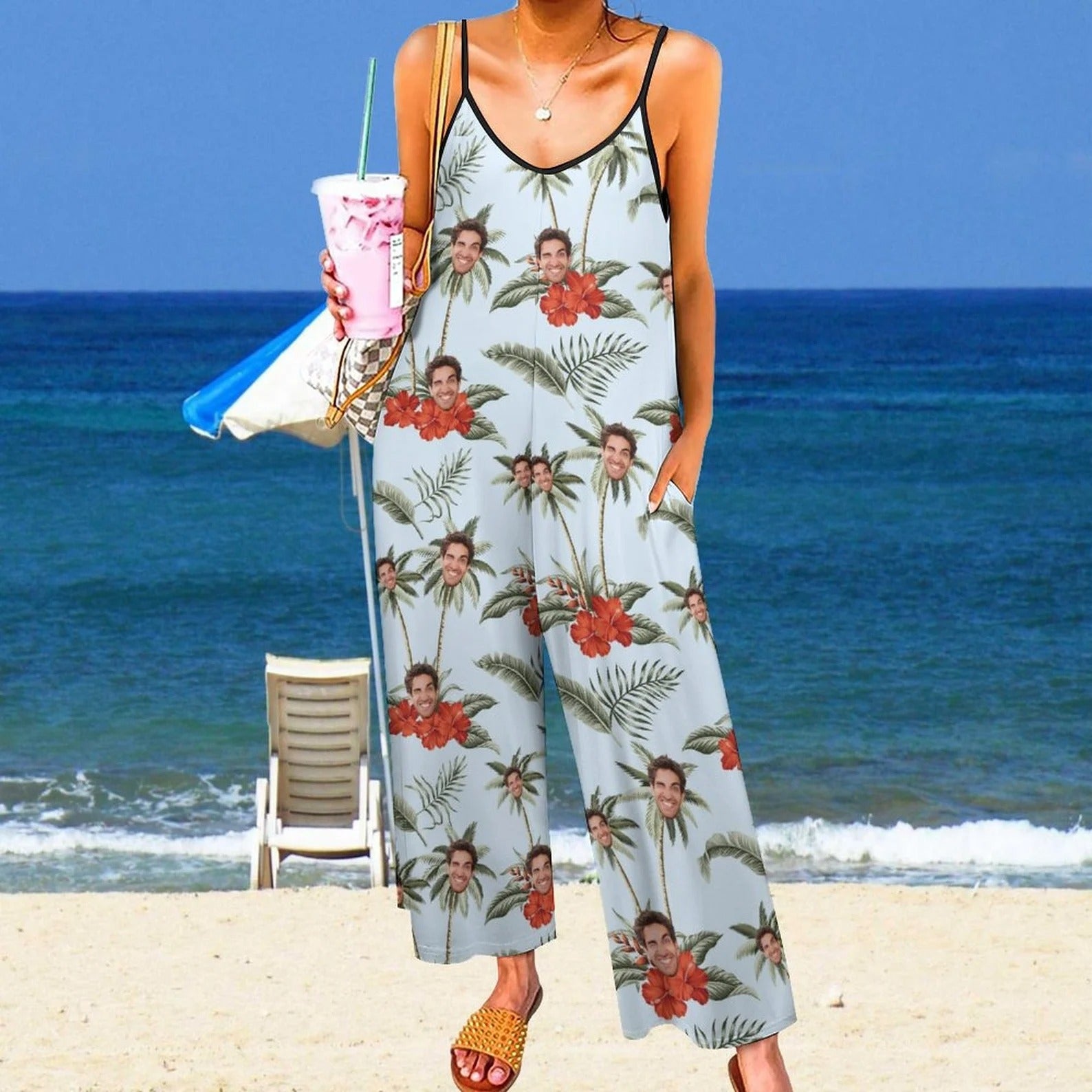 Custom Photo Sleeveless Jumpsuit, Personalized Wide Leg Romper