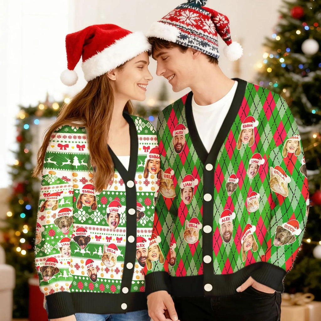 Personalized Christmas Cardigan Sweater With Face & Name: Custom Pet Photo Couple Ugly Cardigan