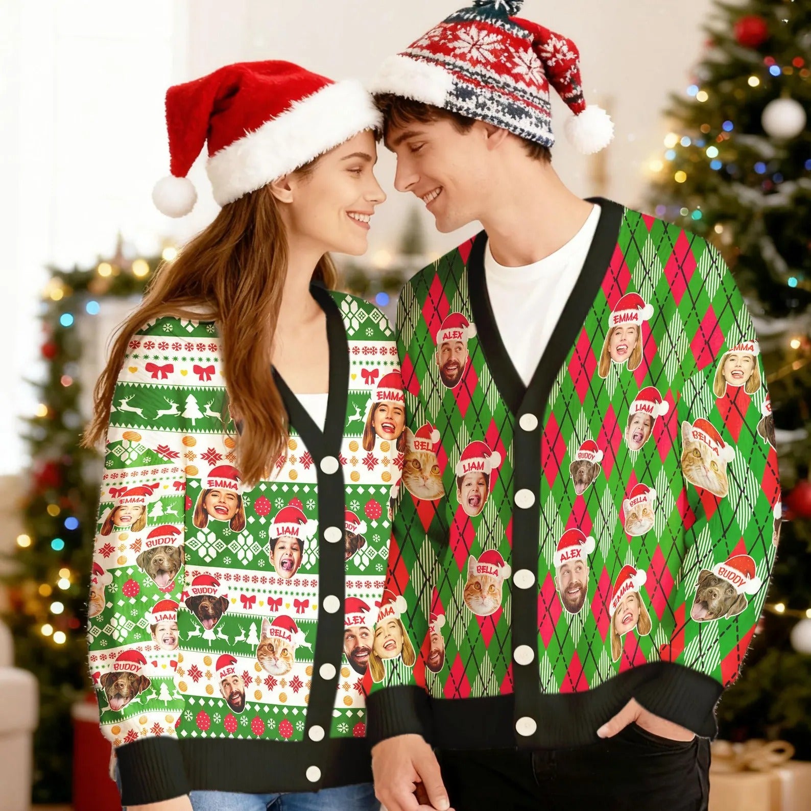 Personalized Christmas Cardigan Sweater With Face & Name: Custom Pet Photo Couple Ugly Cardigan