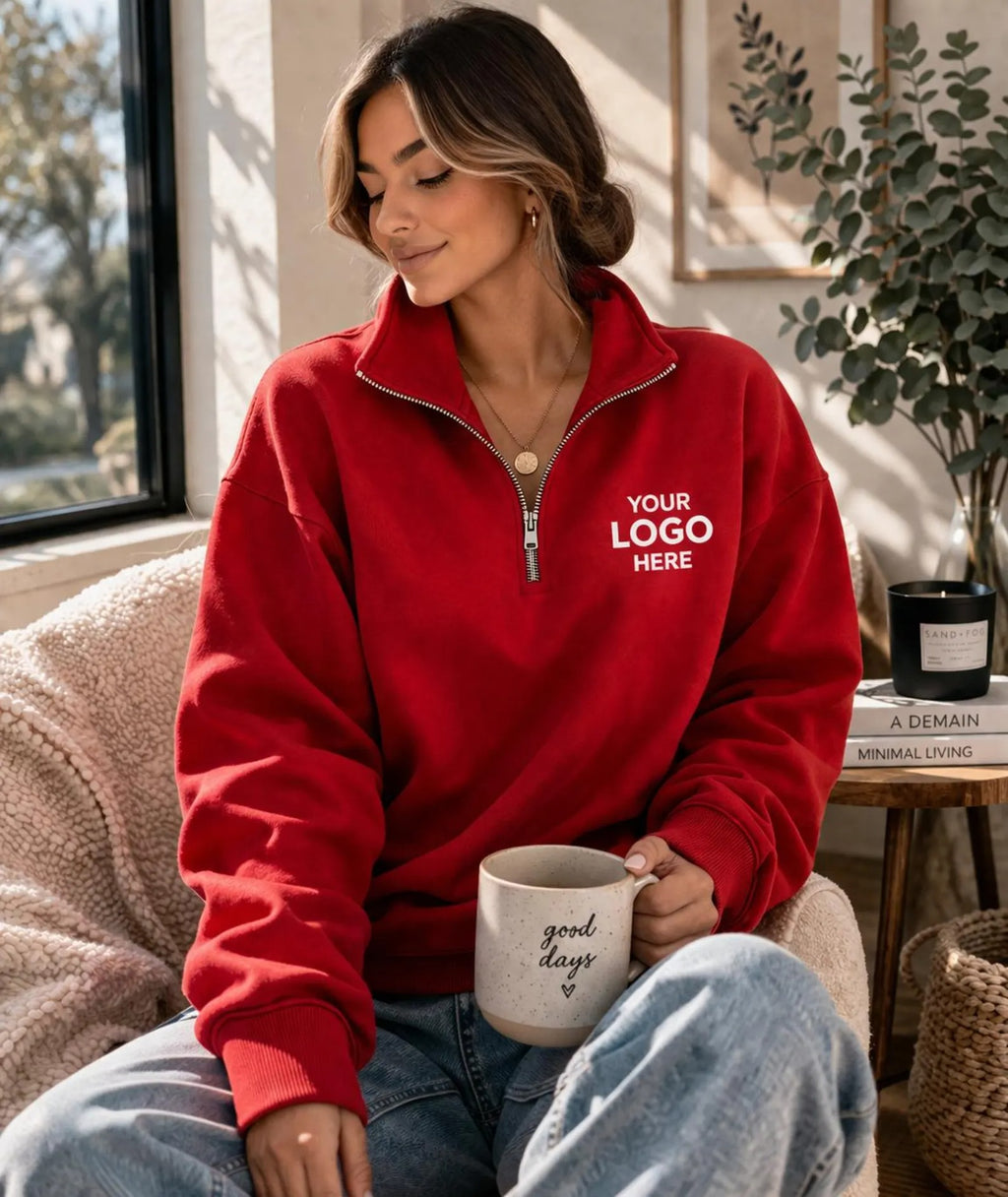Quarter Zip Sweatshirt: Custom Text and Logo - Soft, Oversized Fit