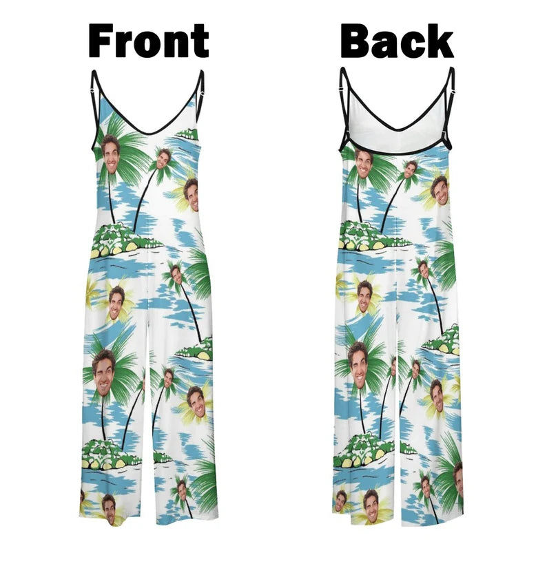 Custom Photo Sleeveless Jumpsuit, Personalized Wide Leg Romper
