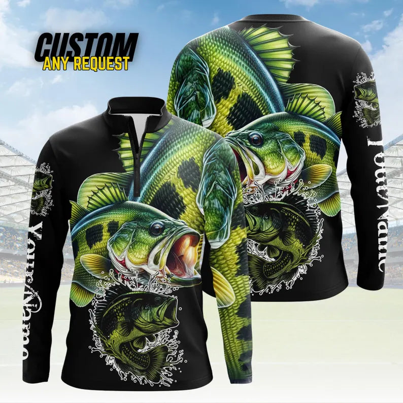 Personalized Fishing 1/4 Zip Long Sleeve Performance Jersey,Bass Trout Fishing Jersey,Custom Angler Shirt,Fisherman Fishing Gift for Men F5