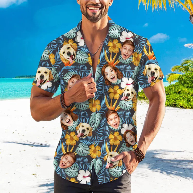 Custom Dog Face Hawaiian Shirt: Personalized Pet Photo ButtonDown,Men's Tropical Shirt,Bachelor Party,Gift for DogDad