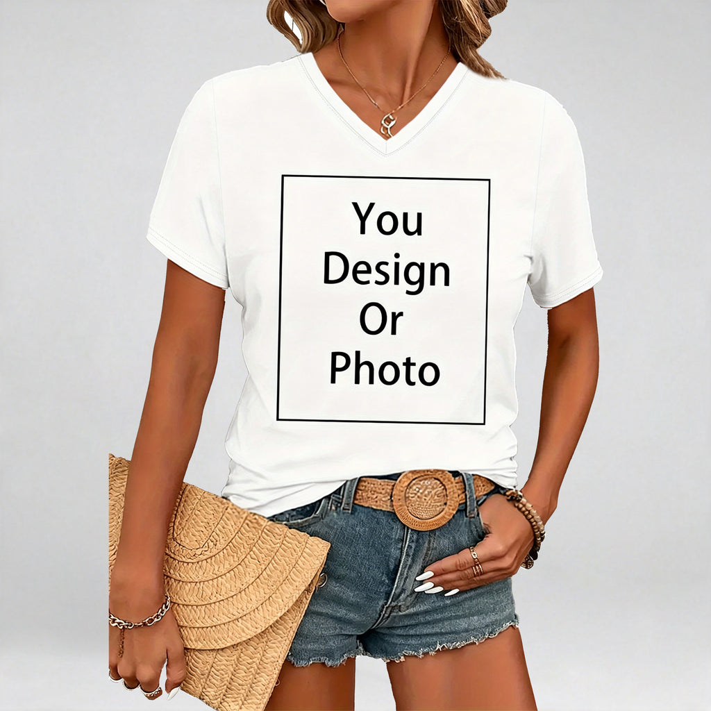 Graphic Print T-shirt, Short Sleeve V Neck Casual Top for Summer & Spring, Women's Clothing