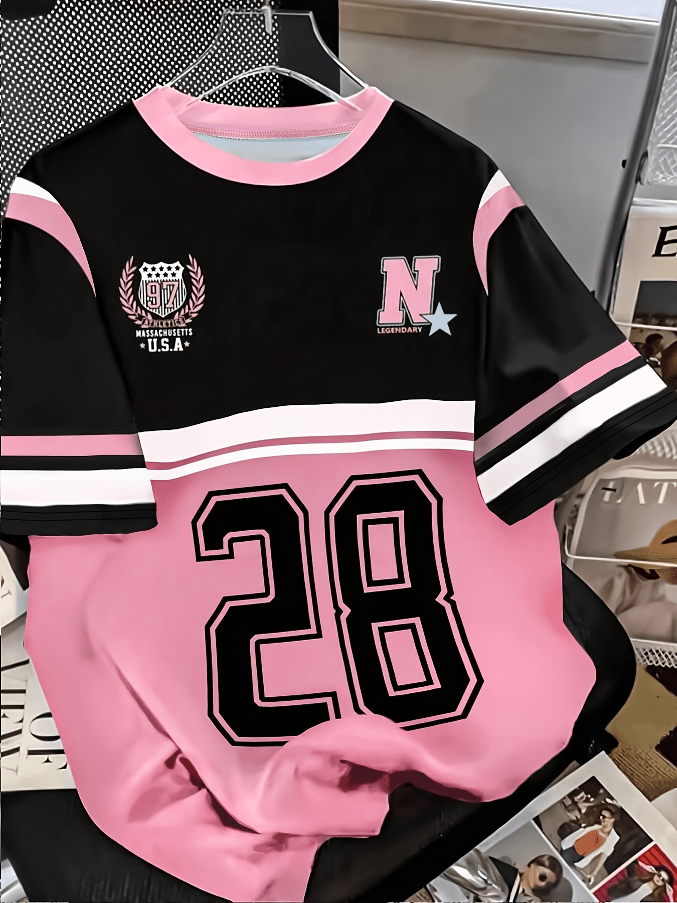 Women's Casual Streetwear Drop-Shoulder T-Shirt with Drop-Shoulder Sleeves, Featuring "28" Numeric and Letter Print, Y College Style, the Perfect Gift for Friends and Family